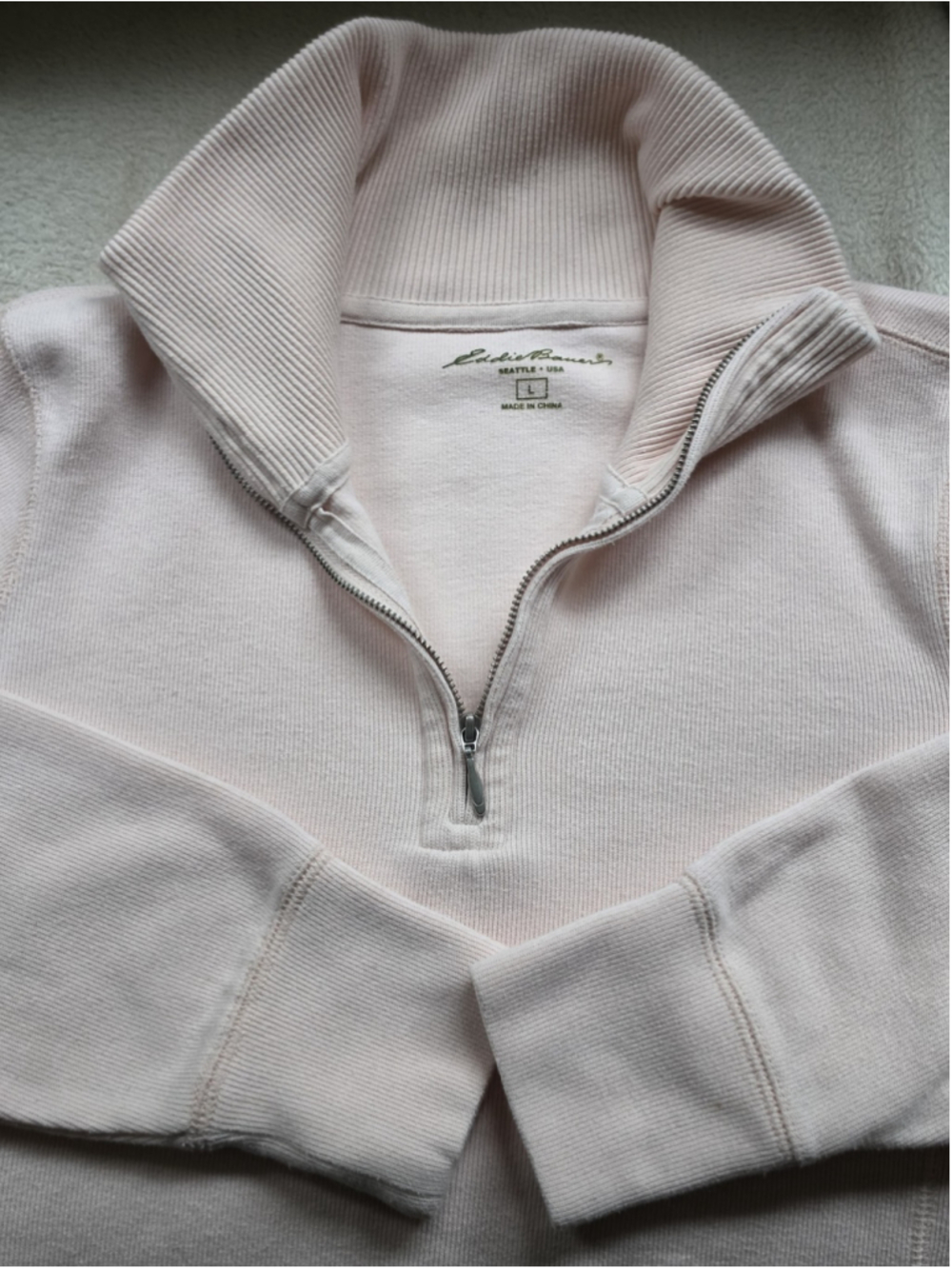 Eddie Bauer Lgt Pink Ribbed Quarter Zip Pullover Sweatshirt Women's Large EUC